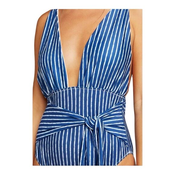 Hayden Los Angeles Bathing Suit Vertical Blue White Stripes Deep V Plus Size 3XL - Picture 2 of 10
